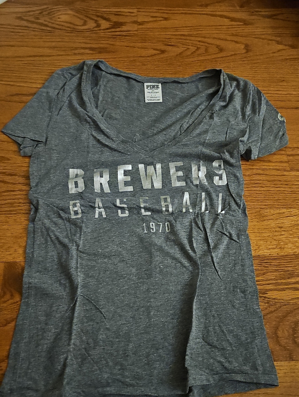PINK Victoria's Secret Gray ' Milwaukee Brewers Baseball' V-Neck Tee